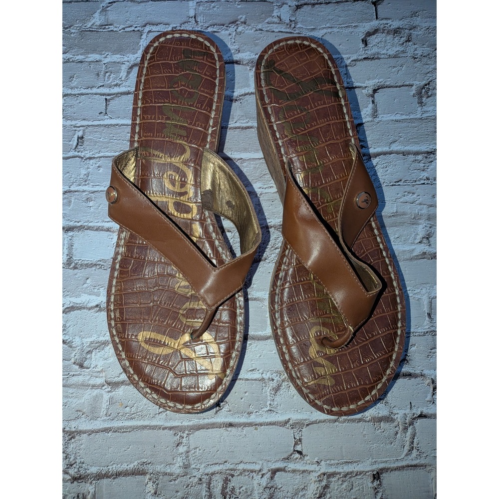 Sam Edelman Romy Brown Croc Embossed Cork Wedge Sandals Womens 10M